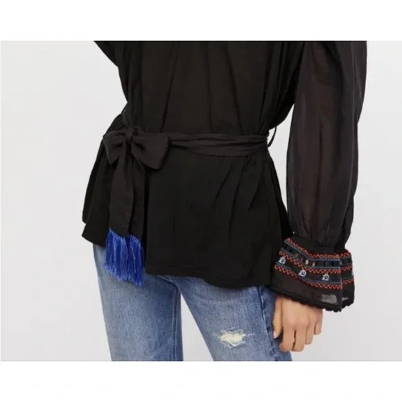 Free People On Holiday Embroidered Tunic Tribal Tassel Top Black - Picture 3 of 15